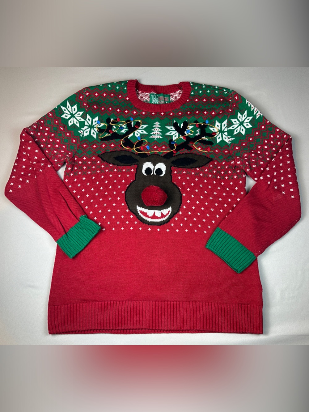 Men’s Funny Ugly Christmas Sweater Red Green Reindeer Pom Pom Rudolph